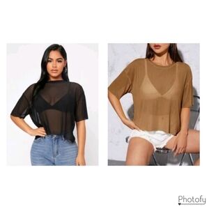 2 New Women's Cute Shein Drop Shoulder Mesh Summer Top - Black & Tan Brown
